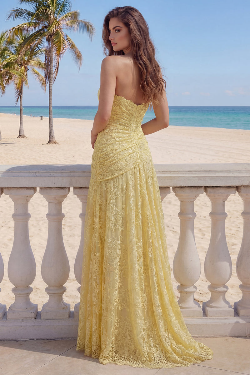 Load image into Gallery viewer, Yellow Sweetheart Butter Floral Lace Long Sheath Ruched Formal Dress