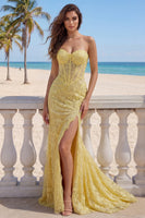 Load image into Gallery viewer, Yellow Floral Lace Strapless Mermaid Butter Long Corset Formal Dress with Slit