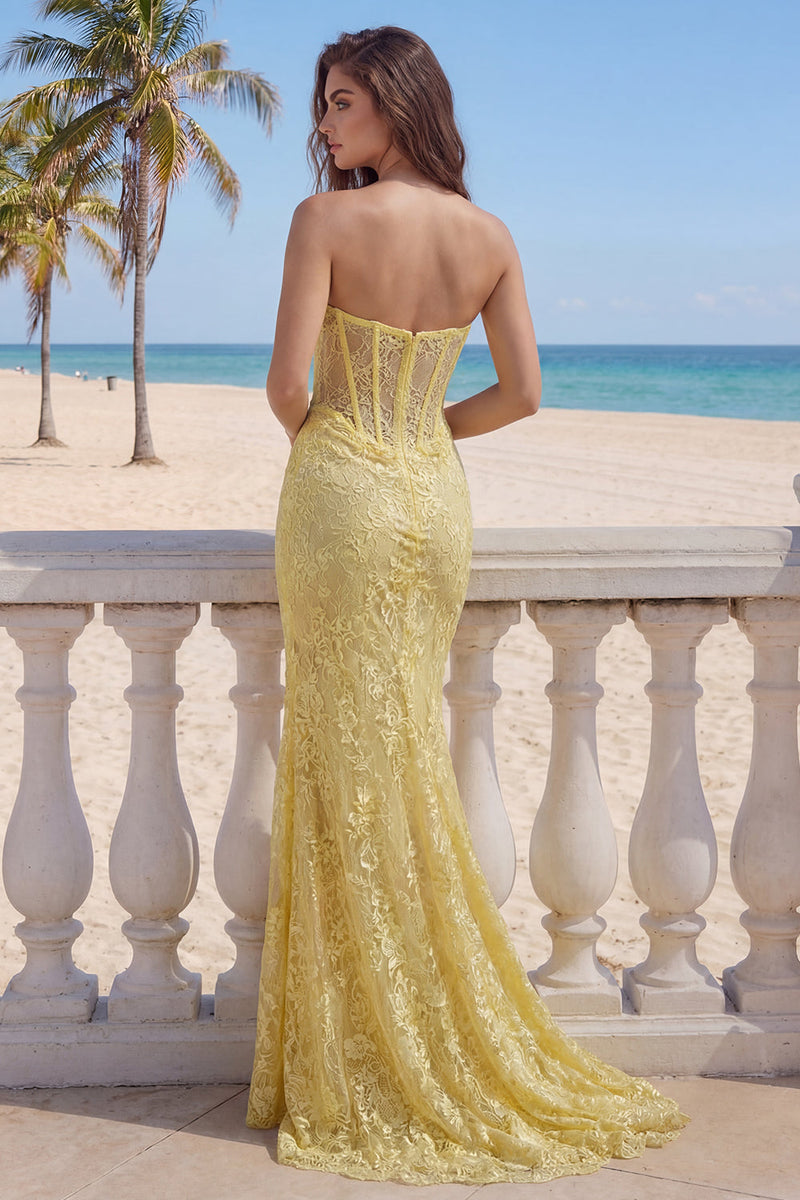 Load image into Gallery viewer, Yellow Floral Lace Strapless Mermaid Butter Long Corset Formal Dress with Slit