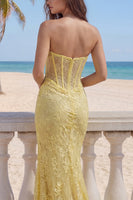 Load image into Gallery viewer, Yellow Floral Lace Strapless Mermaid Butter Long Corset Formal Dress with Slit