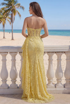 Yellow Floral Ruffled Mermaid Butter Lace Long Corset Formal Dress with Side Cape