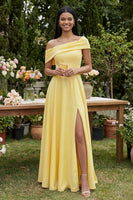 Load image into Gallery viewer, Butter Yellow A Line Off the Shoulder Maxi Formal Dress with Slit