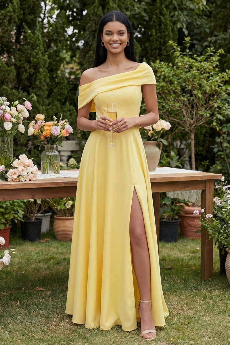 Load image into Gallery viewer, Butter Yellow A Line Off the Shoulder Maxi Formal Dress with Slit