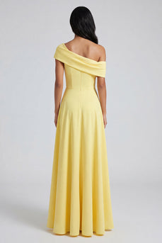 Butter Yellow A Line Off the Shoulder Maxi Formal Dress with Slit