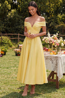 Load image into Gallery viewer, Yellow A Line Off the Shoulder Ruched Butter Maxi Formal Dress