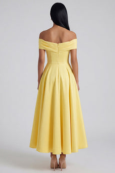 Yellow A Line Off the Shoulder Ruched Butter Maxi Formal Dress