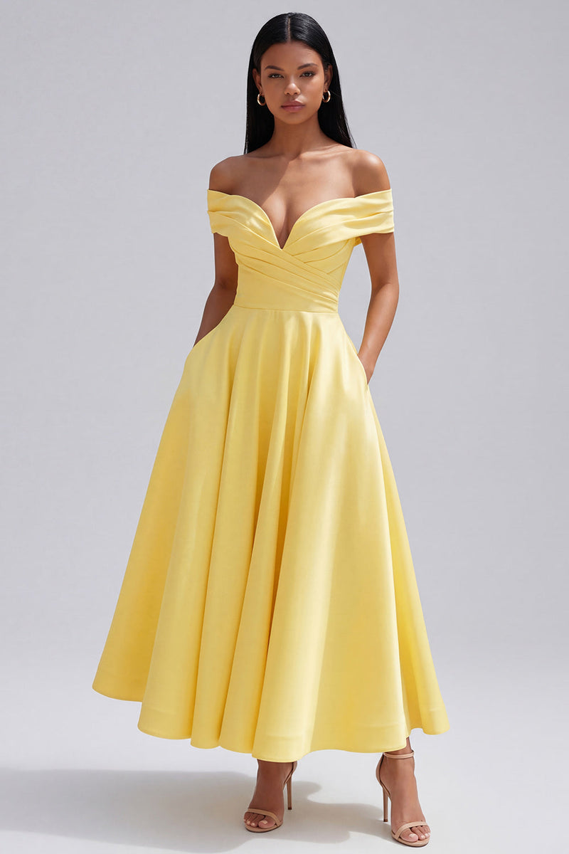 Load image into Gallery viewer, Yellow A Line Off the Shoulder Ruched Butter Maxi Formal Dress