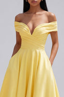 Load image into Gallery viewer, Yellow A Line Off the Shoulder Ruched Butter Maxi Formal Dress
