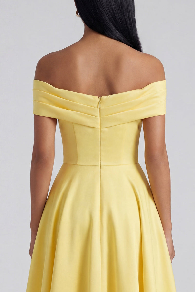 Load image into Gallery viewer, Yellow A Line Off the Shoulder Ruched Butter Maxi Formal Dress
