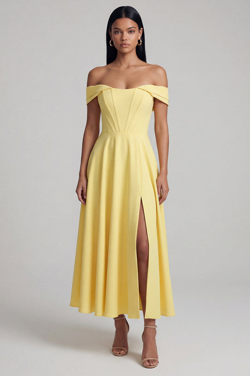 Load image into Gallery viewer, Yellow A Line Corset Butter Maxi Formal Dress with Slit