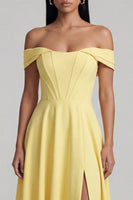 Load image into Gallery viewer, Yellow A Line Corset Butter Maxi Formal Dress with Slit