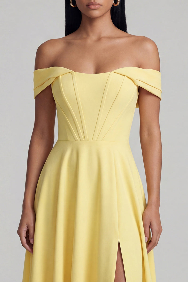 Load image into Gallery viewer, Yellow A Line Corset Butter Maxi Formal Dress with Slit
