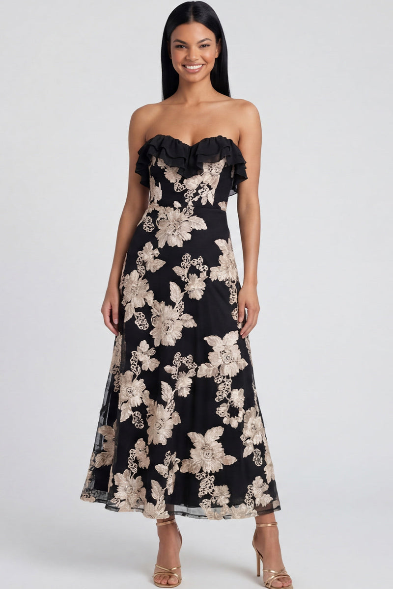 Load image into Gallery viewer, Light Blue Floral A Line Strapless Maxi Formal Dress with Ruffles