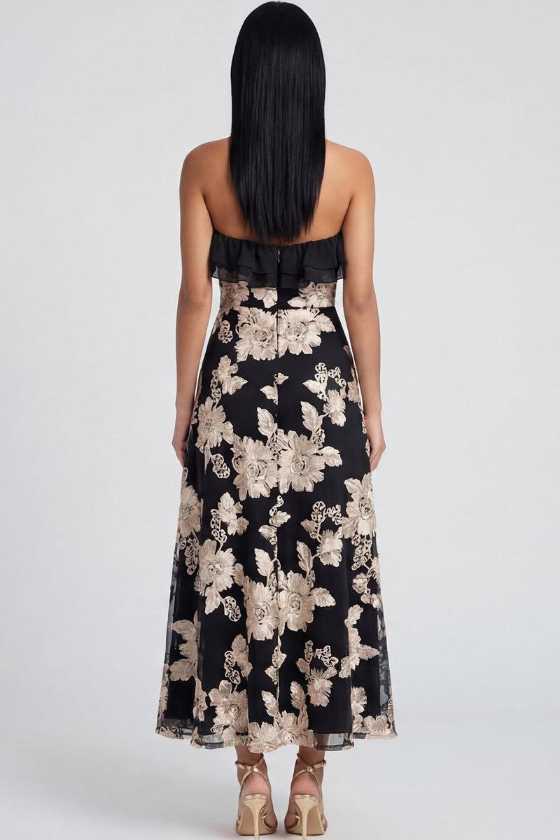 Load image into Gallery viewer, Light Blue Floral A Line Strapless Maxi Formal Dress with Ruffles