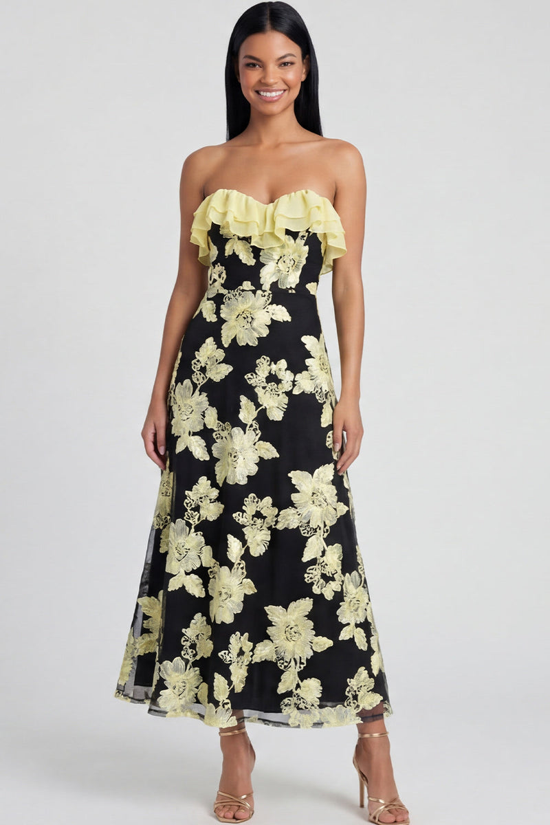Load image into Gallery viewer, Light Blue Floral A Line Strapless Maxi Formal Dress with Ruffles