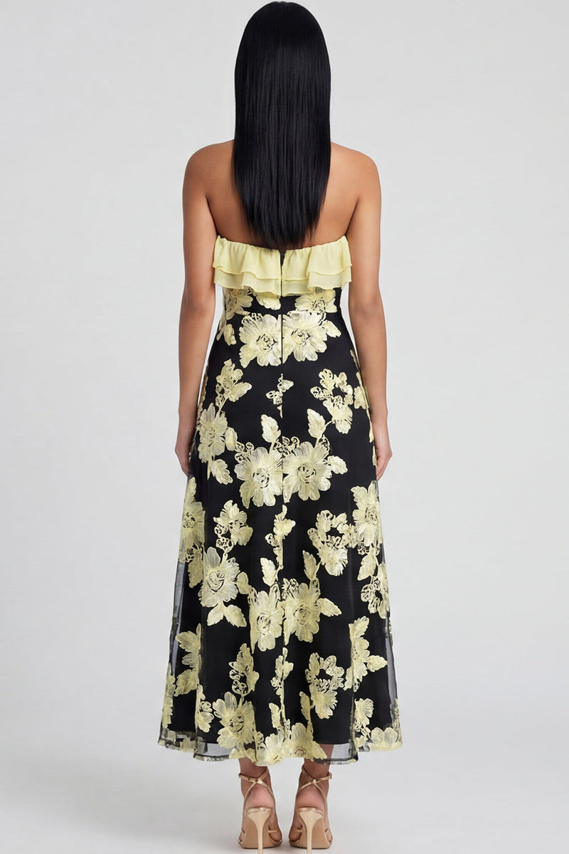 Load image into Gallery viewer, Light Blue Floral A Line Strapless Maxi Formal Dress with Ruffles