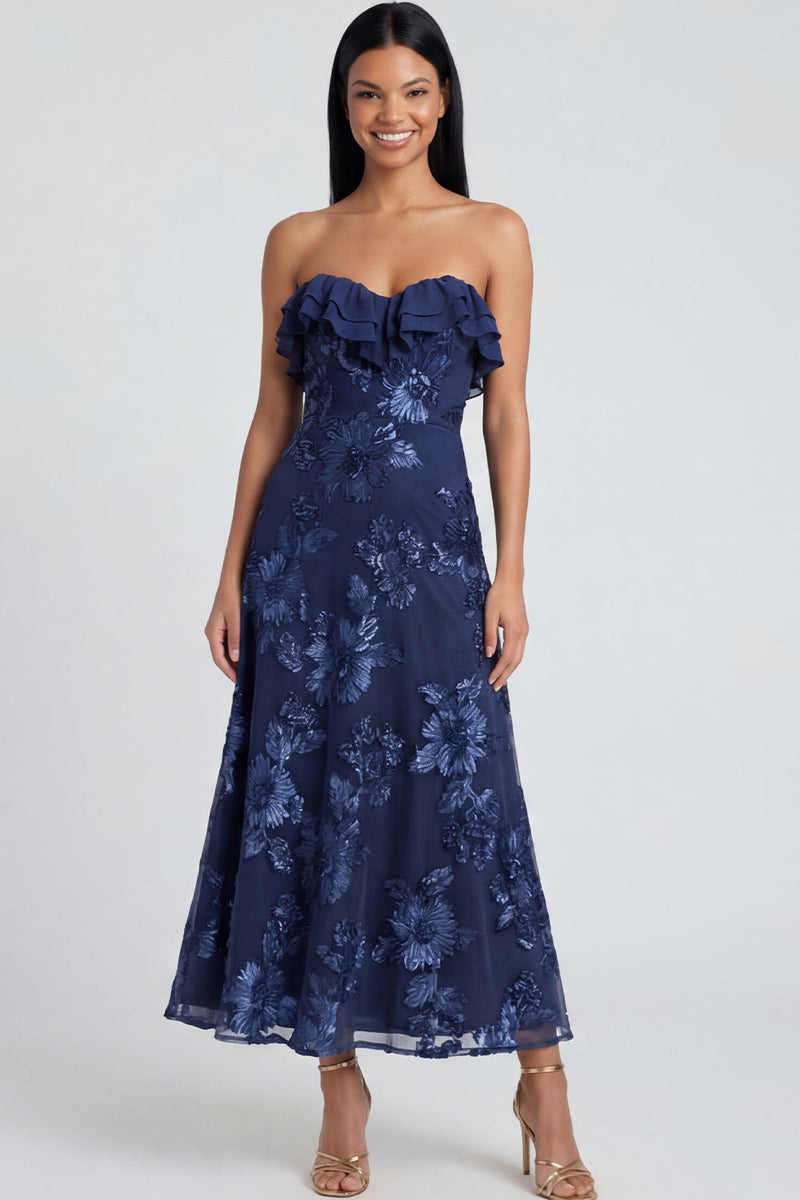 Load image into Gallery viewer, Light Blue Floral A Line Strapless Maxi Formal Dress with Ruffles