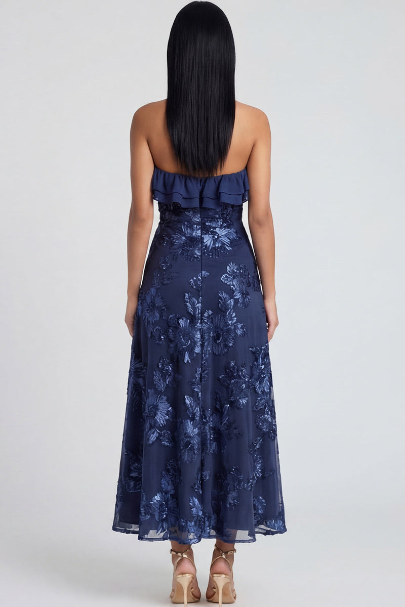 Load image into Gallery viewer, Light Blue Floral A Line Strapless Maxi Formal Dress with Ruffles