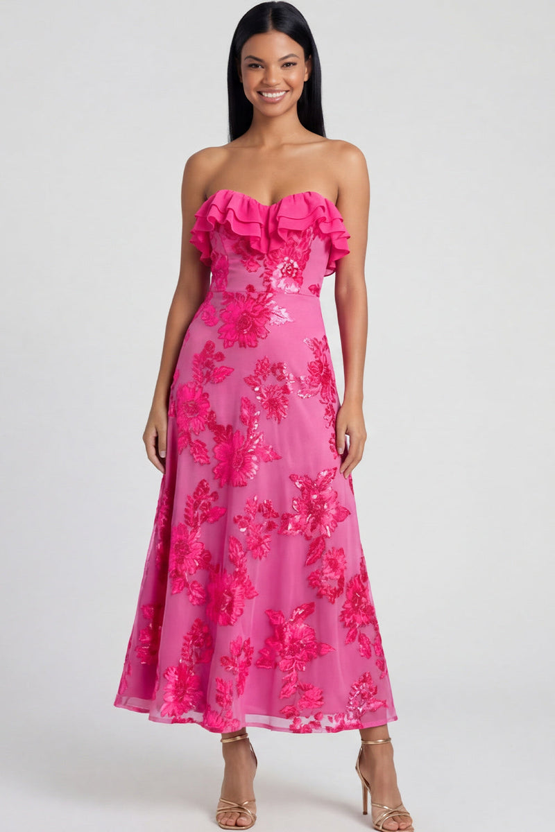 Load image into Gallery viewer, Light Blue Floral A Line Strapless Maxi Formal Dress with Ruffles