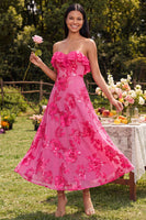 Load image into Gallery viewer, Light Blue Floral A Line Strapless Maxi Formal Dress with Ruffles