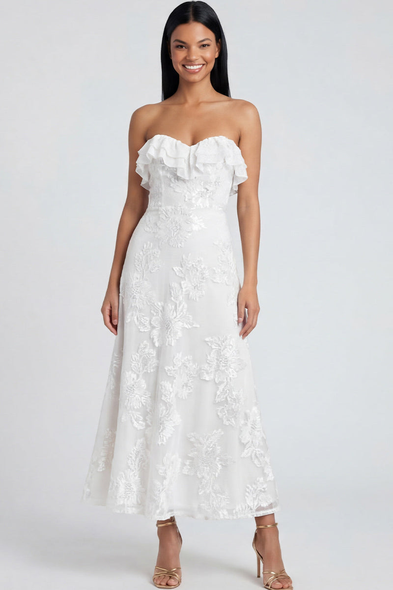Load image into Gallery viewer, Light Blue Floral A Line Strapless Maxi Formal Dress with Ruffles