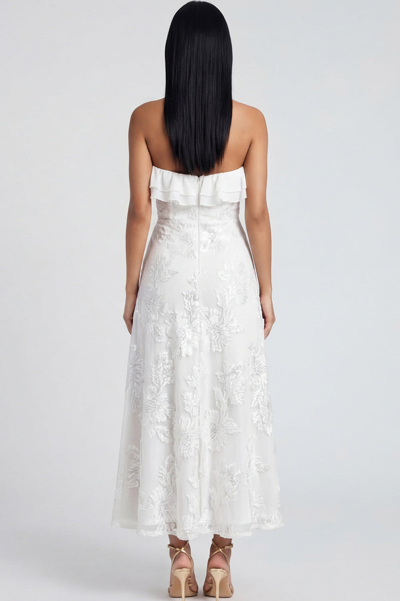 Load image into Gallery viewer, Light Blue Floral A Line Strapless Maxi Formal Dress with Ruffles