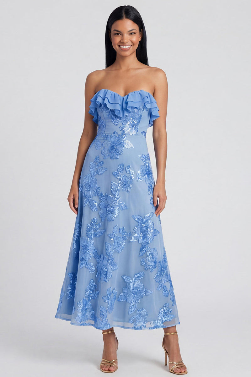 Load image into Gallery viewer, Light Blue Floral A Line Strapless Maxi Formal Dress with Ruffles