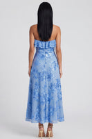 Load image into Gallery viewer, Light Blue Floral A Line Strapless Maxi Formal Dress with Ruffles