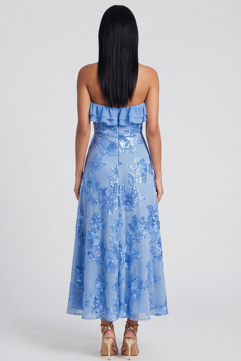 Load image into Gallery viewer, Light Blue Floral A Line Strapless Maxi Formal Dress with Ruffles