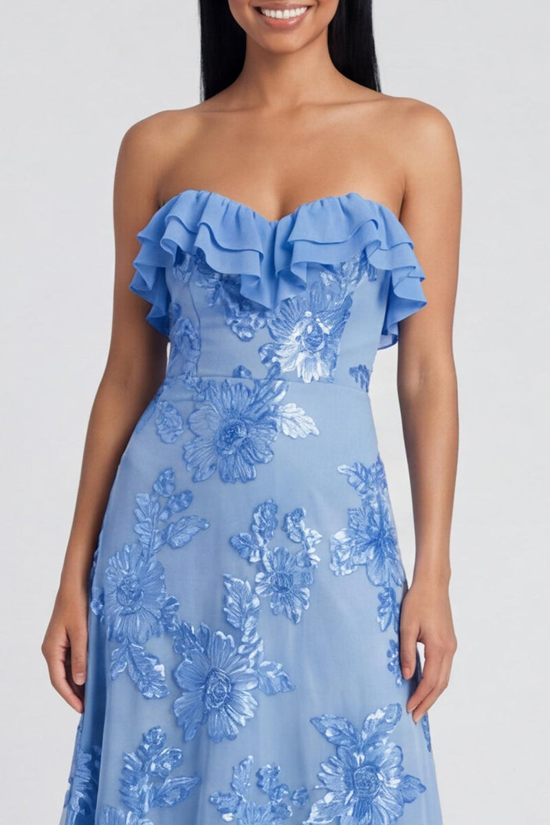Load image into Gallery viewer, Light Blue Floral A Line Strapless Maxi Formal Dress with Ruffles