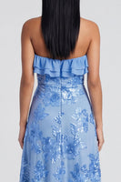 Load image into Gallery viewer, Light Blue Floral A Line Strapless Maxi Formal Dress with Ruffles