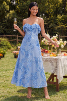 Load image into Gallery viewer, Light Blue Floral A Line Strapless Maxi Formal Dress with Ruffles