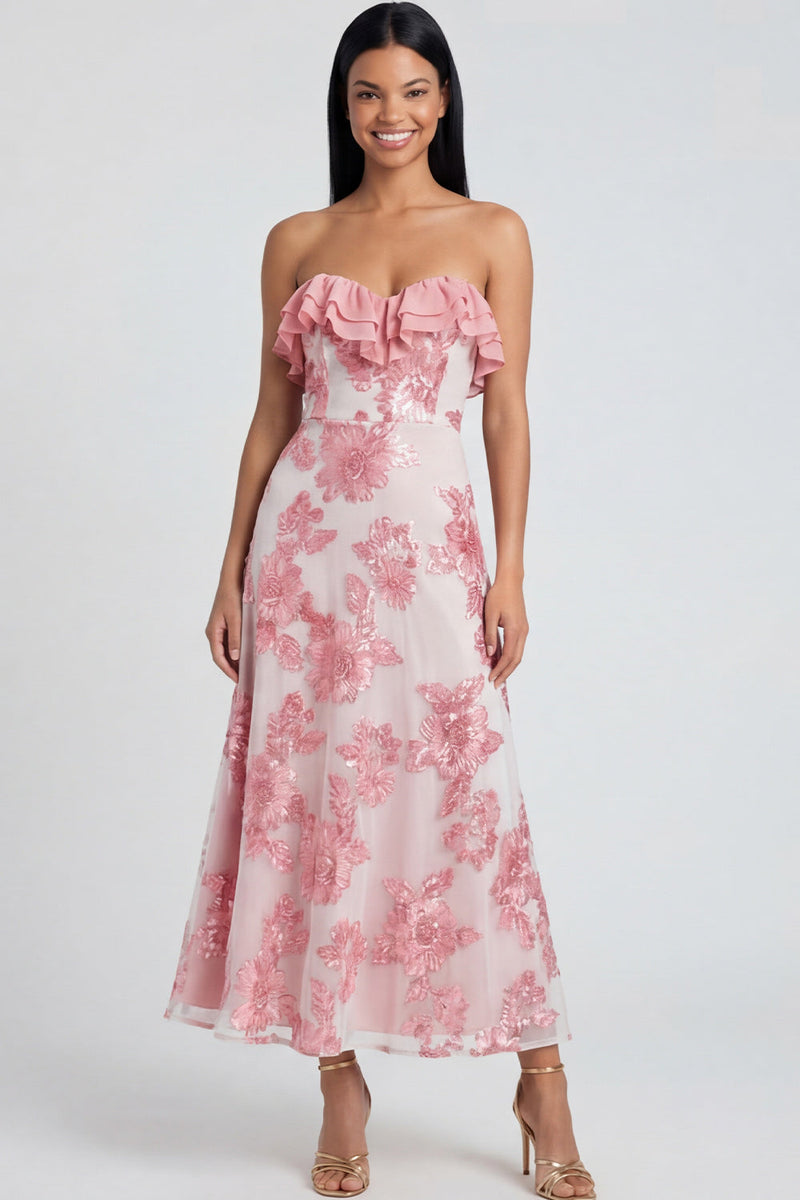 Load image into Gallery viewer, Light Blue Floral A Line Strapless Maxi Formal Dress with Ruffles