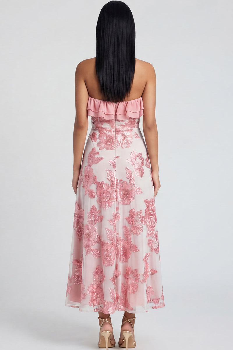 Load image into Gallery viewer, Light Blue Floral A Line Strapless Maxi Formal Dress with Ruffles