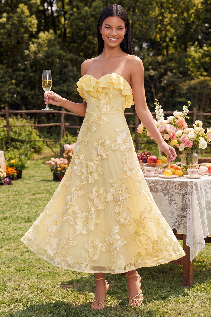Load image into Gallery viewer, Light Blue Floral A Line Strapless Maxi Formal Dress with Ruffles