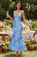 Load image into Gallery viewer, Sage Green Spaghetti Straps Mermaid Maxi Floral Formal Dress