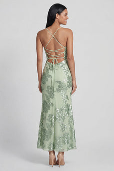 Sage Green Spaghetti Straps Mermaid Maxi Floral Formal Dress