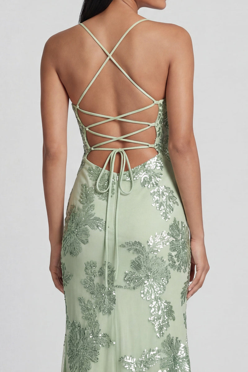 Load image into Gallery viewer, Sage Green Spaghetti Straps Mermaid Maxi Floral Formal Dress