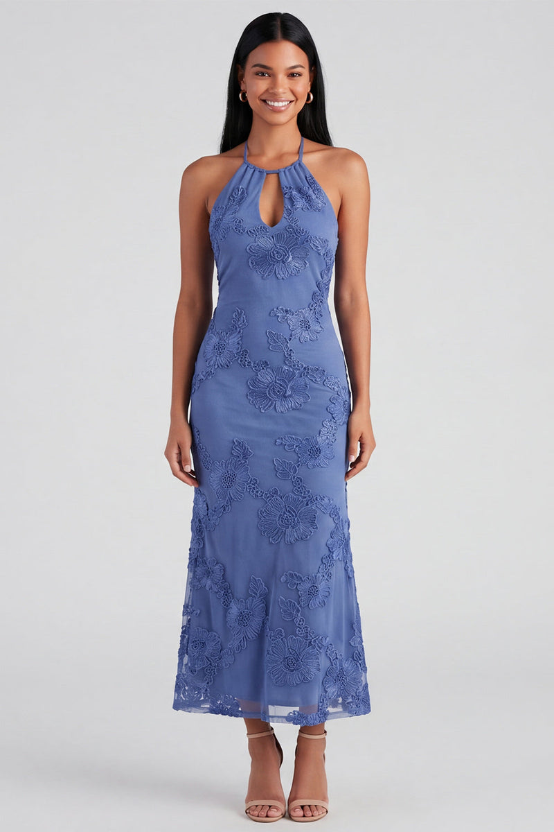 Load image into Gallery viewer, Blue Floral Mermaid Halter Maxi Formal Dress with Keyhole