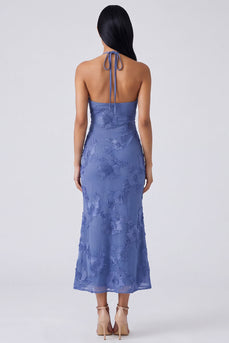 Blue Floral Mermaid Halter Maxi Formal Dress with Keyhole
