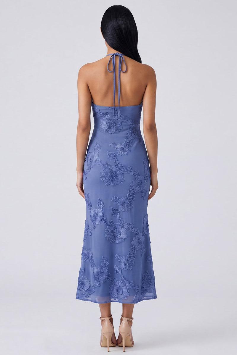 Load image into Gallery viewer, Blue Floral Mermaid Halter Maxi Formal Dress with Keyhole