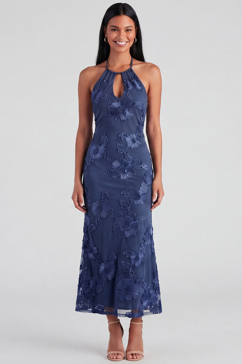 Load image into Gallery viewer, Blue Floral Mermaid Halter Maxi Formal Dress with Keyhole