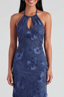 Load image into Gallery viewer, Blue Floral Mermaid Halter Maxi Formal Dress with Keyhole