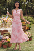 Load image into Gallery viewer, Blue Floral Mermaid Halter Maxi Formal Dress with Keyhole