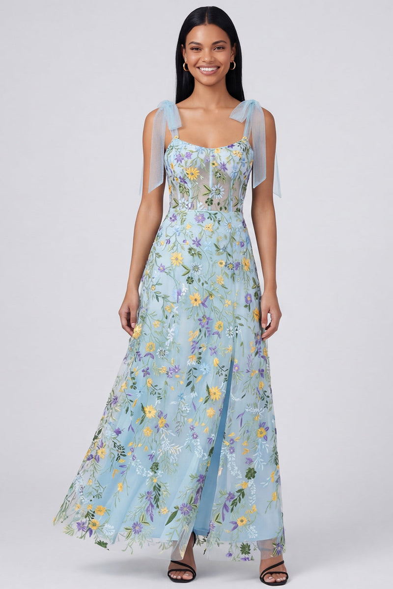 Load image into Gallery viewer, Blue Flower A Line Long Corset Formal Dress with Bows