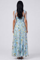 Load image into Gallery viewer, Blue Flower A Line Long Corset Formal Dress with Bows