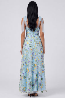 Blue Flower A Line Long Corset Formal Dress with Bows