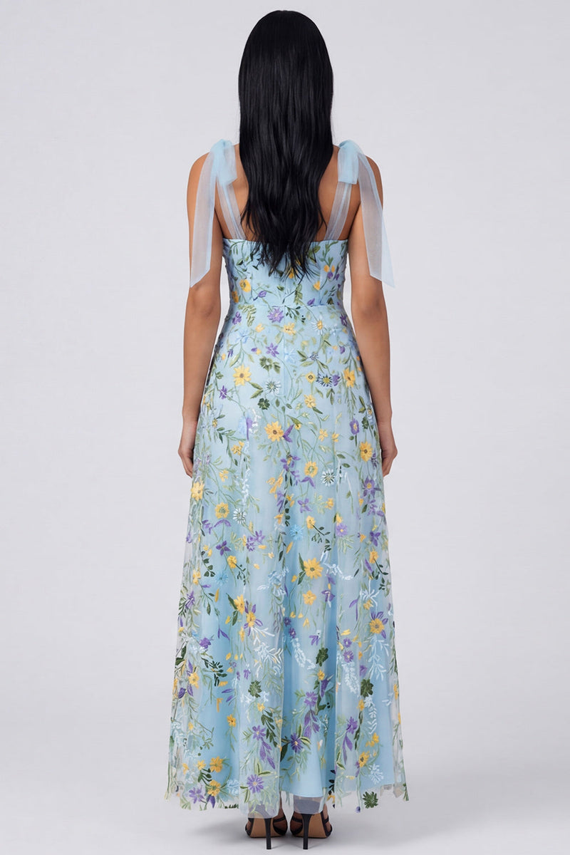 Load image into Gallery viewer, Blue Flower A Line Long Corset Formal Dress with Bows
