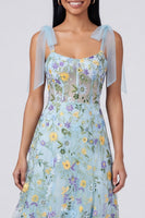 Load image into Gallery viewer, Blue Flower A Line Long Corset Formal Dress with Bows