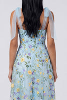 Load image into Gallery viewer, Blue Flower A Line Long Corset Formal Dress with Bows